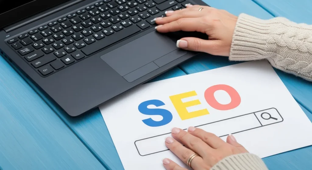 نمایش یک لپتاپ و یک کاغذ A4 مه رویش نوشته شده SEO