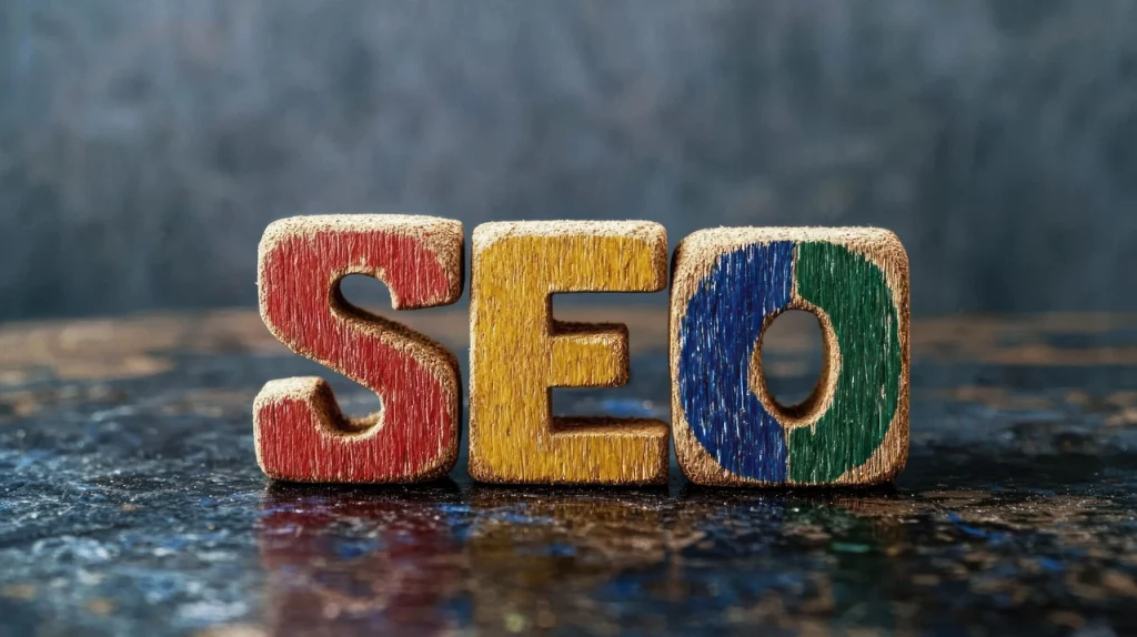 نمایش کلمه سئو seo  روی حروف چوبی